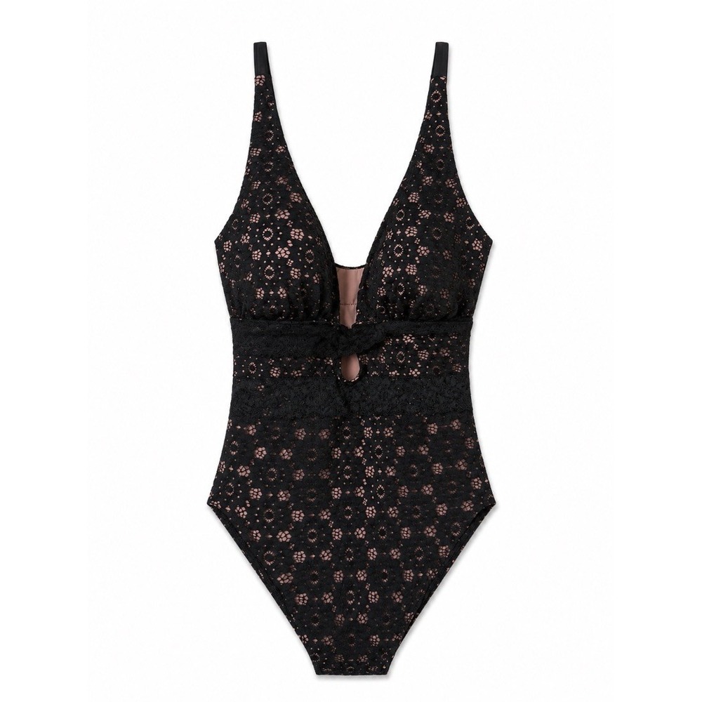 Swimsuits For All Plus 22 Black Lace One Piece Swimsuit‎ Deep V Tie Waist